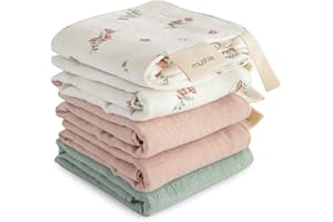 mushie Muslin Organic Cotton Washcloths 5-Pack (Pink Flowers Combo) | Soft Wipes for Baby Cleanups and Bathing