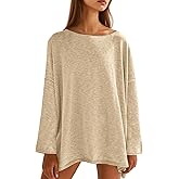 Tankaneo Womens Long Sleeve Shirts Oversized Lightweight Sweaters Crewneck Side Slit Hem Casual Blouse Tunic Tops