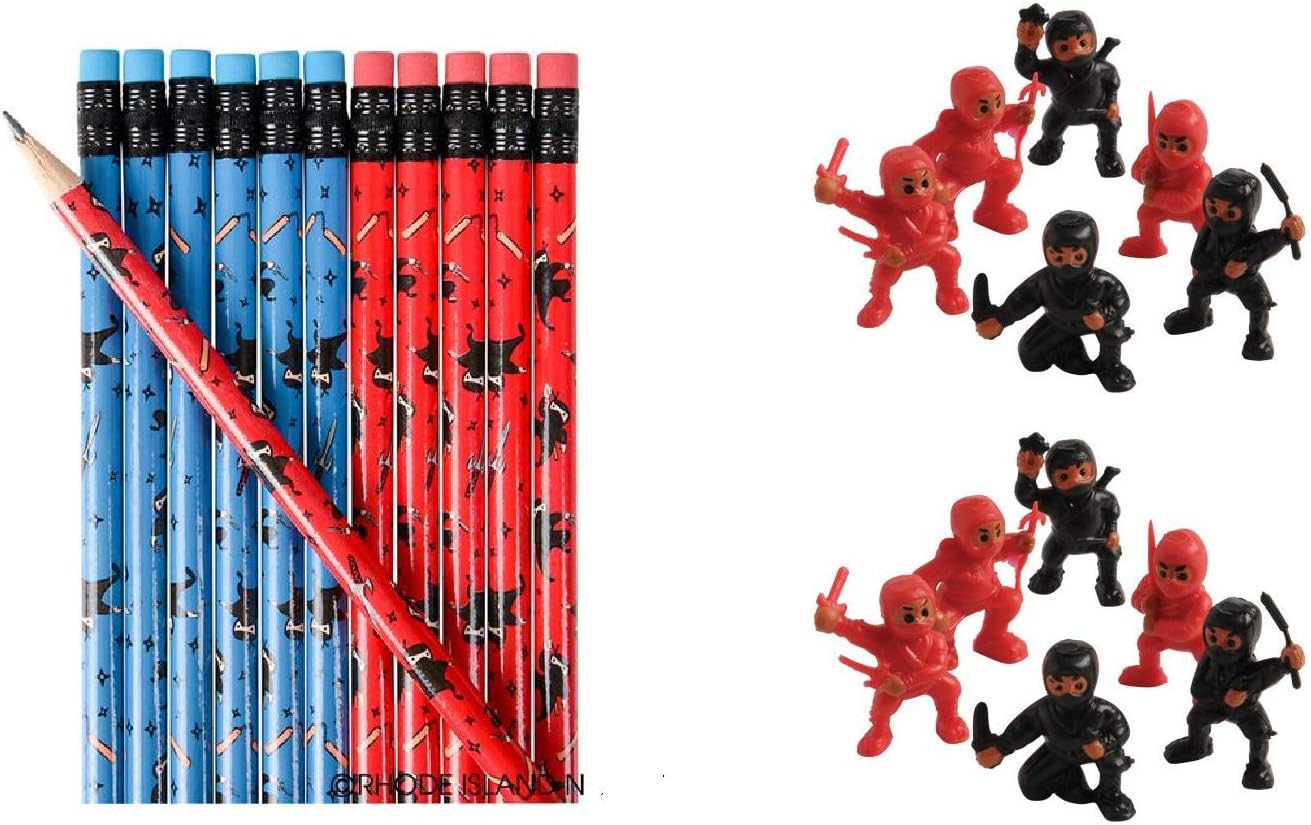 2 DZ (24) NINJA PENCILS & 2 DZ (24) MINI Plastic NINJA WARRIOR Figures 1.25" - Toys Birthday Prizes Toys Cupcake Toppers Teacher Rewards