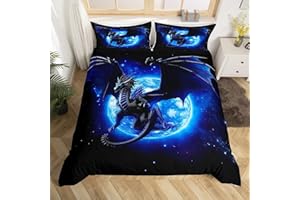 Feelyou Galaxy Dragon Duvet Cover Kids Chic Outer Space Starry Sky Bedding Set Jungle Animals Dragon Comforter Cover for Boys Children Teens Bedroom Decor Blue Black Bedspread Cover King Size
