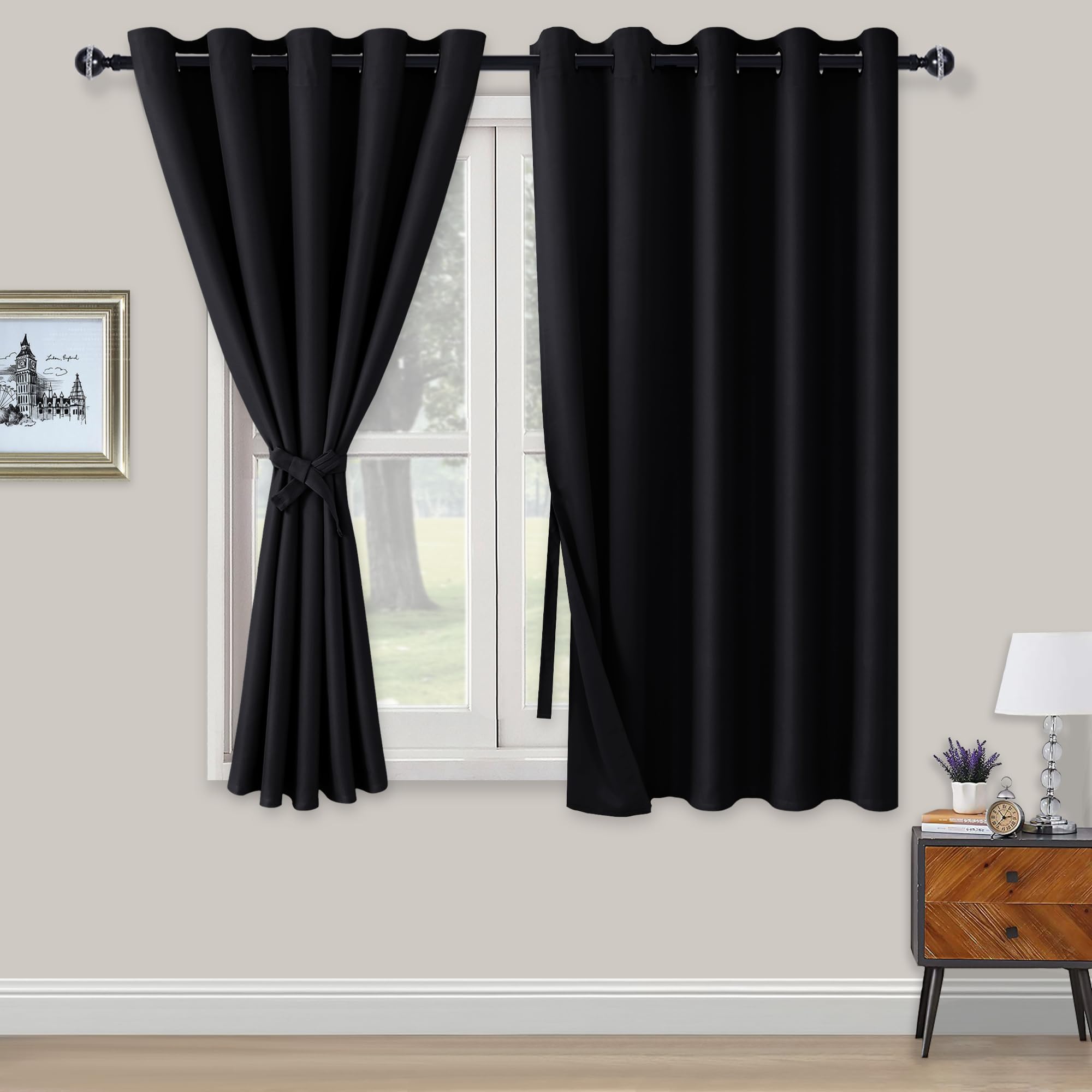 XWZO Blackout Curtains Shades Window Curtain Panels with Tiebacks- Noise Reduction and Thermal Insulated Eyelet Curtains for Bedroom,Living Room,Office,Study Room Black W66xL54