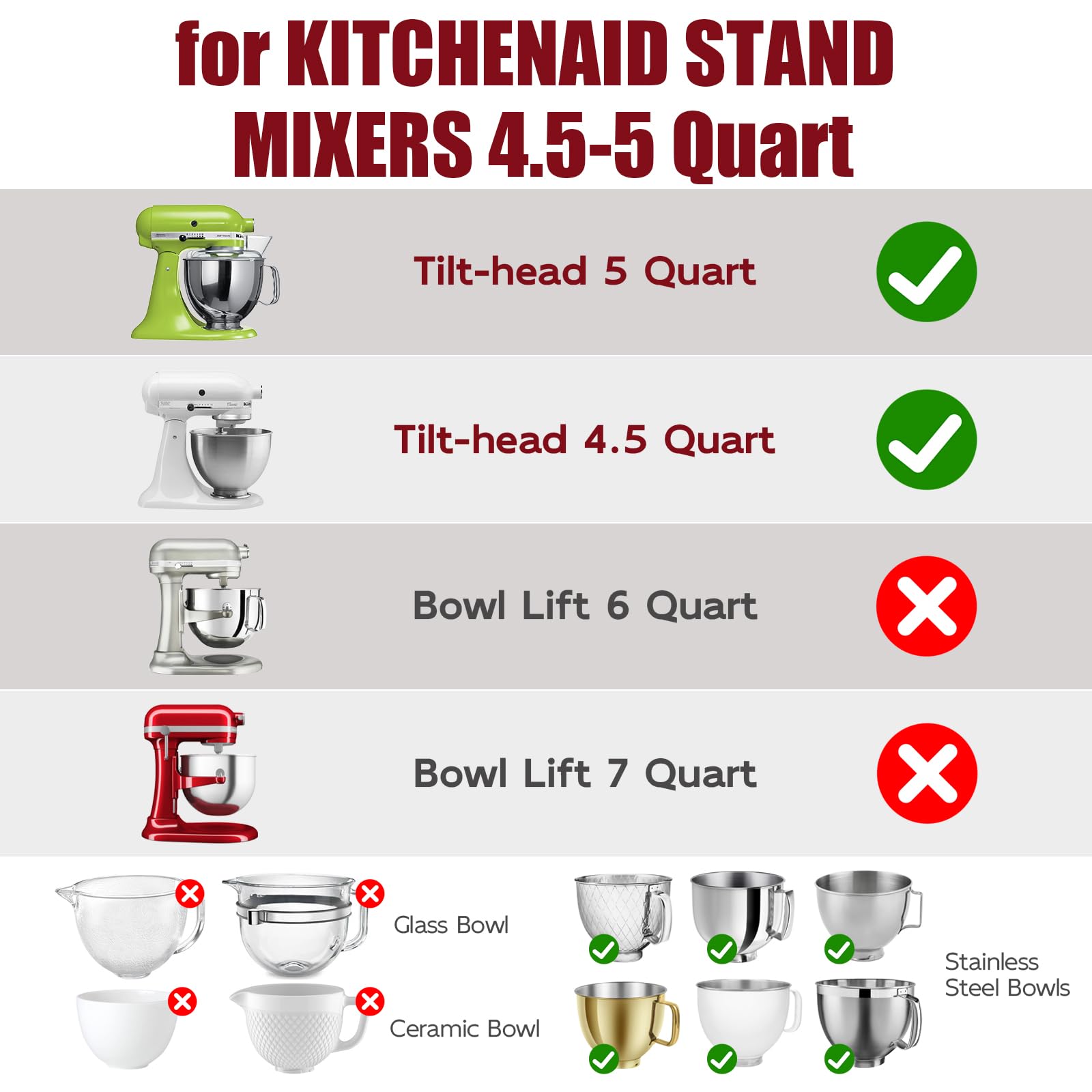 GuanQiao Silicone Bowl Liners for 5 Qt KitchenAid Mixers, 3 Liners with Lids