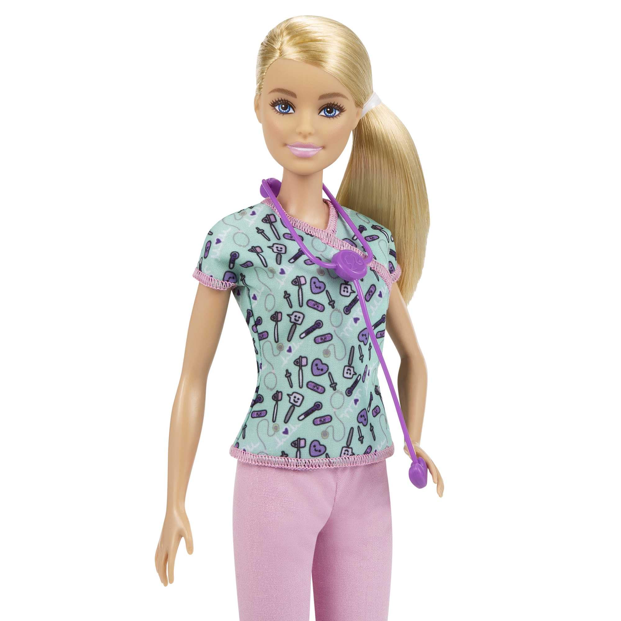 Barbie Nurse Blonde Doll (12-in/30.40-cm) with Scrubs Featuring a Medical Tool Print Top & Pink Pants, White Shoes & StethoscopeAccessory, Great Gift for Ages 3 Years Old & Up