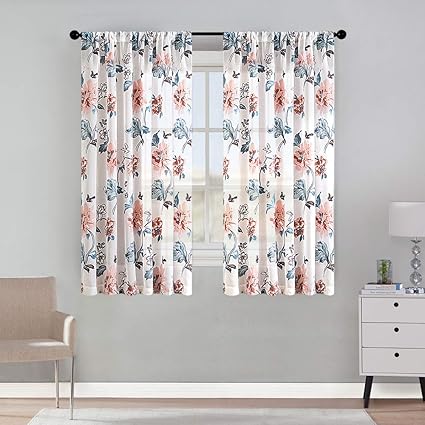 Sheer Curtains Floral Printed 45 Inch Length Kitchen Linen Blend