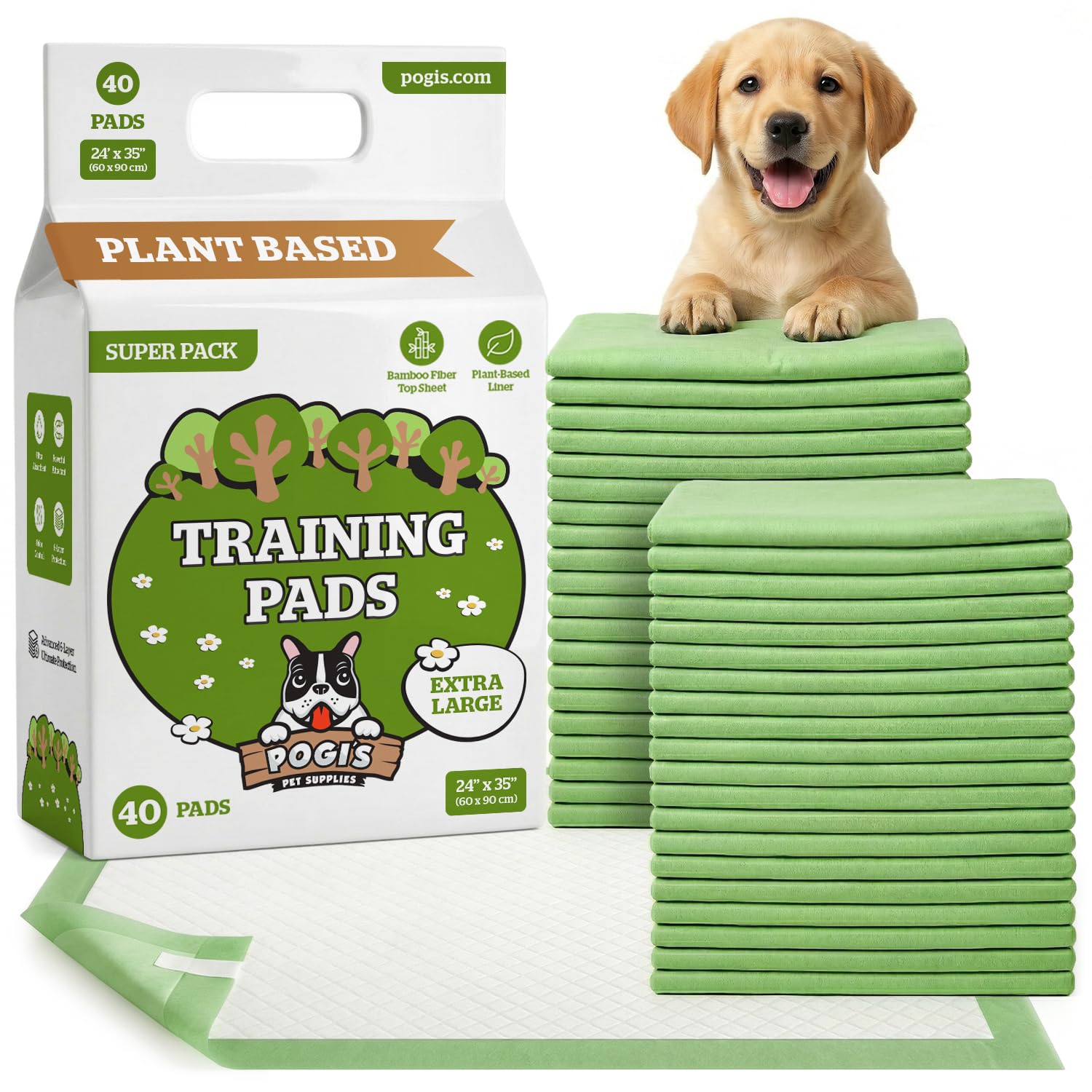 Pogi's Dog Training Pads with Sticky Tabs – Eco-Friendly, Odour Blocking & Super Absorbent – 40-Pack (60 × 90 cm)