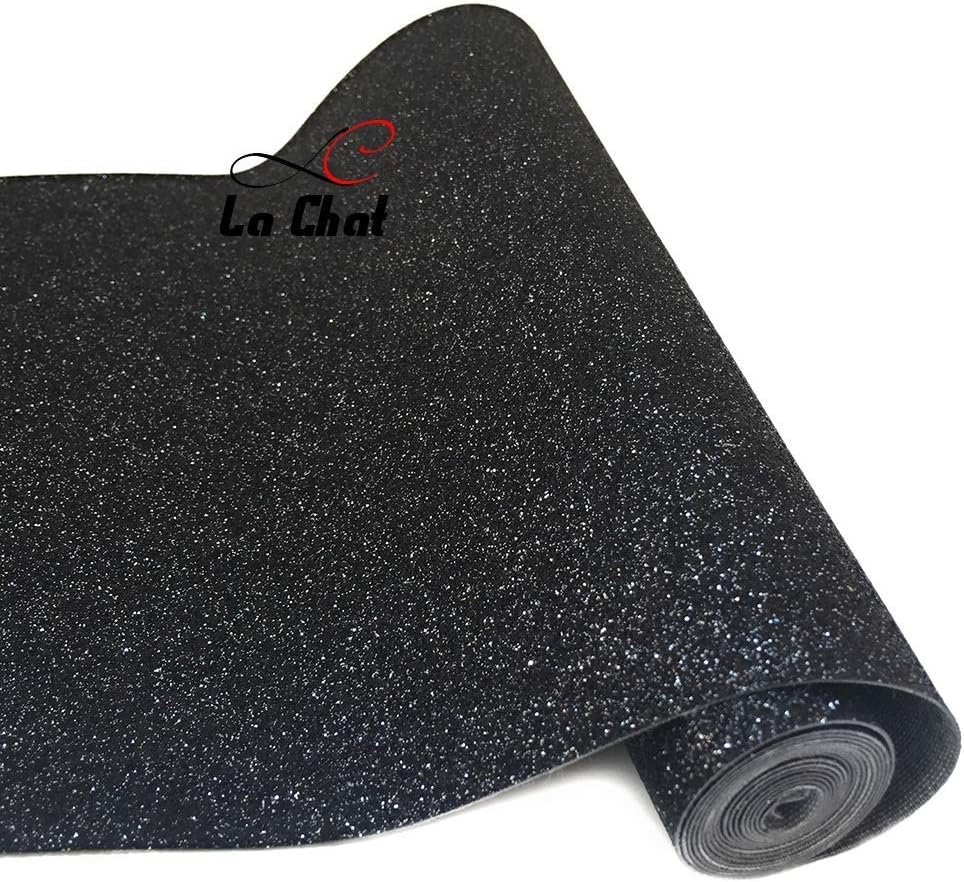 La Chat 8” x 53” (21cm x 135cm) Roll Sparkly Superfine Glitter Vinyl Fabric Fine Glitter PU Leather Canvas Back Material for Shoes Bag Sewing Patchwork DIY Bow Craft Applique（Black with Silver）