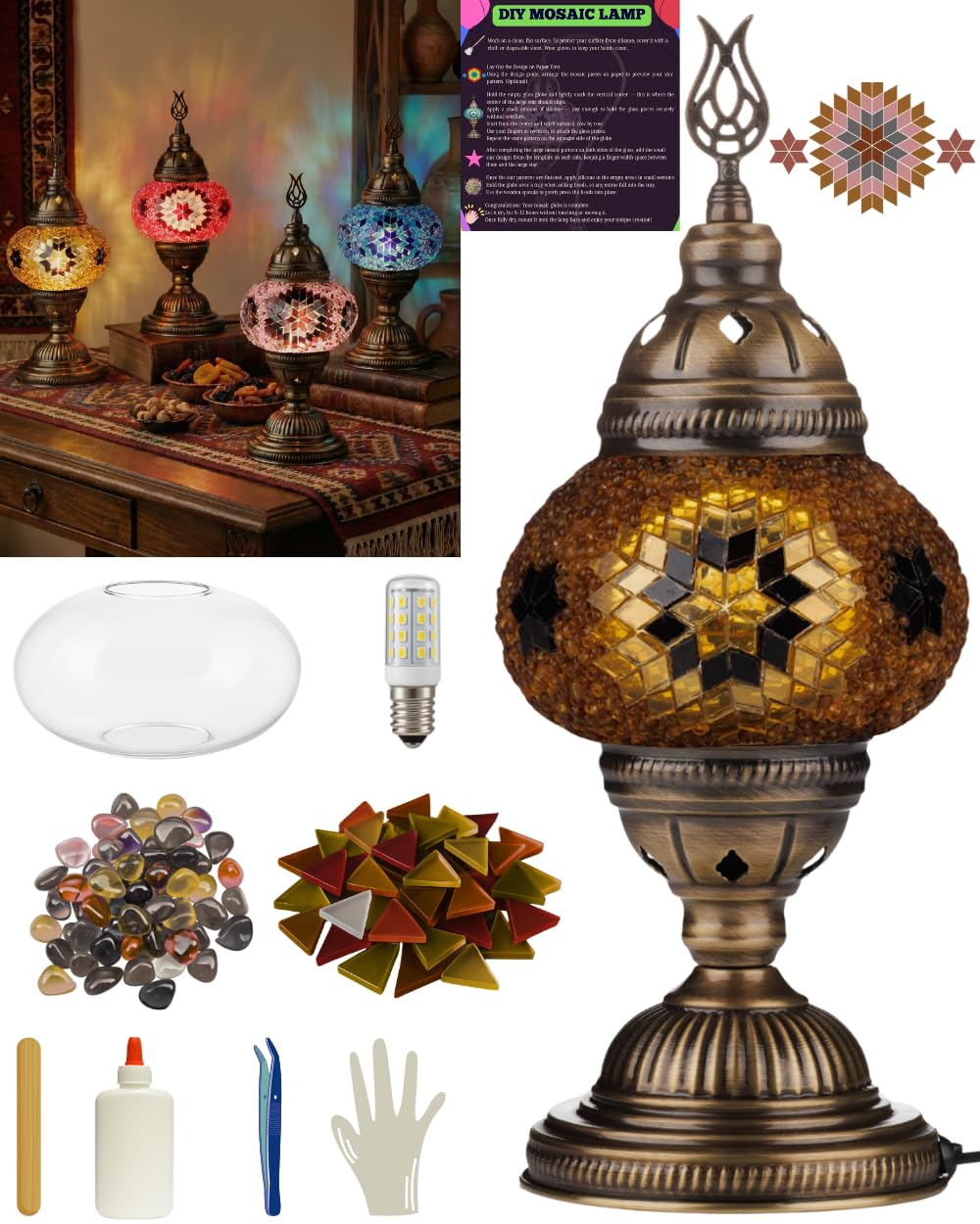 DEMMEX DIY Turkish Mosaic Lamp Kit – Complete Arts & Crafts Gift Set for Adults & Teens – Easy & Fun Home Décor, Make Your Own Table Lamp (Classic, Brown&Amber)