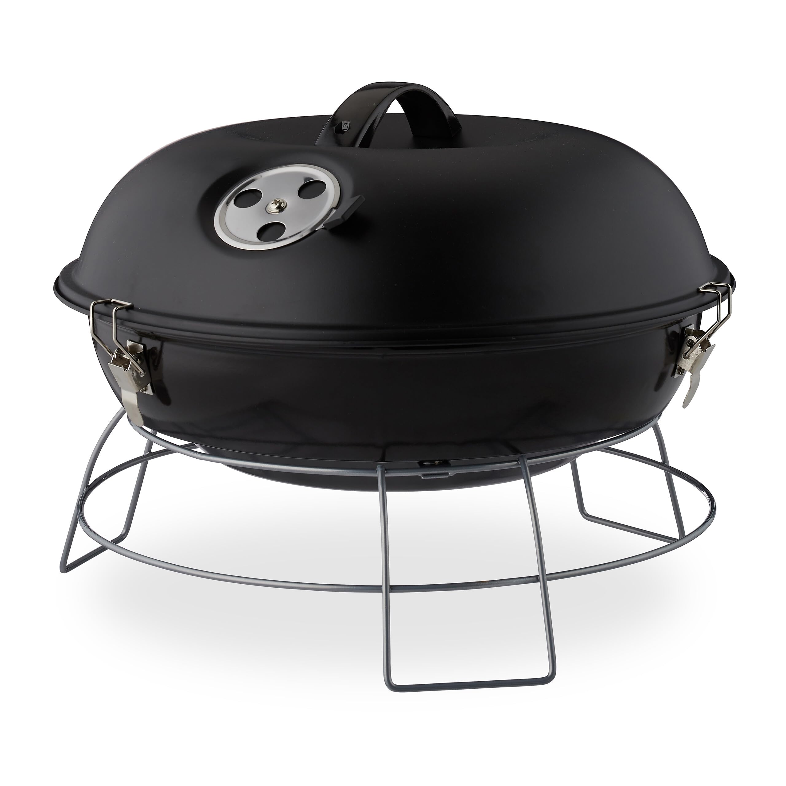 Relaxdays Portable Kettle Grill, With Lid, Picnic BBQ with Large Cooking Area, Charcoal, Ø36cm, Black