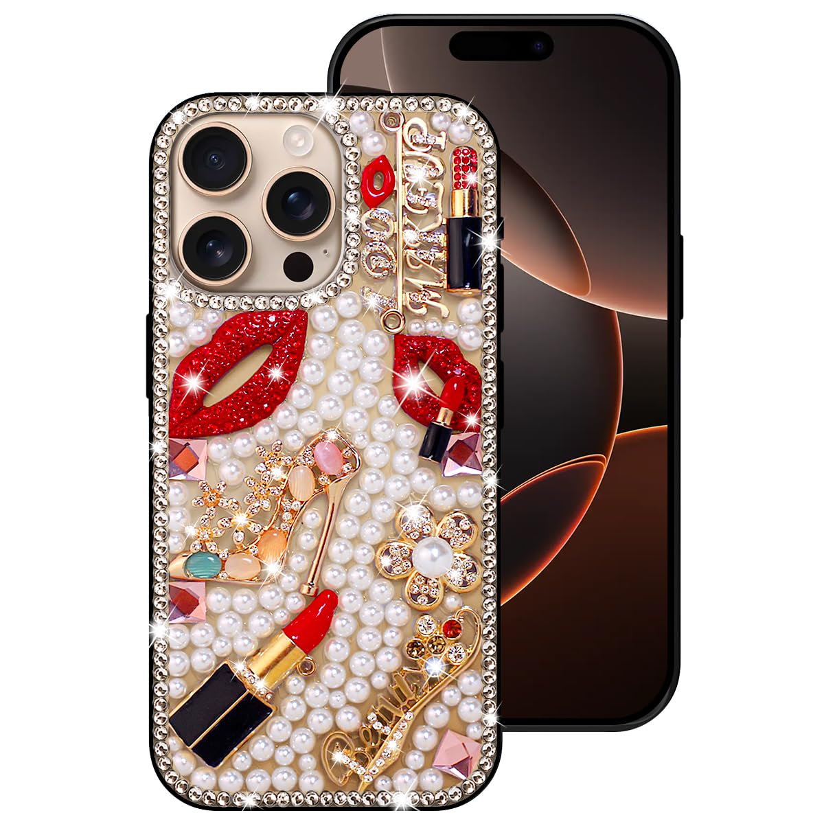 Erolagomat Bling Case for iPhone 15 Pro,Shiny Luxury Designer Phone Case with Glitter Sparkle Diamond Crystal Rhinestone Lips Lipstick Pearl Flowers High Heels，Soft Bumper Cover for Women Girl