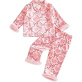 Kayotuas Kids Valentines Pajamas Girls Satin Pajama Set Toddler Heart Pjs Cute Button Down Shirt and Pants 2 Piece Sleepwear