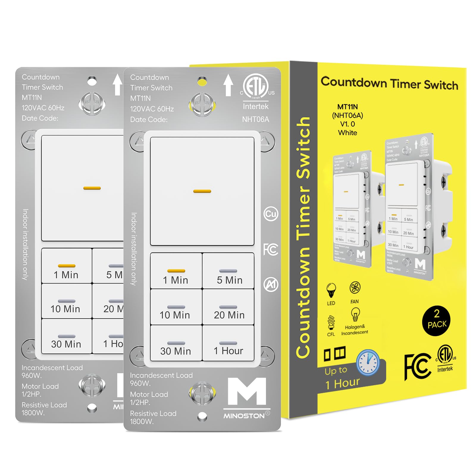 Photo 1 of Minoston 60 Minutes Countdown Timer Switch, 1 Hour in-Wall Timer Switch 1-5-10-20-30-60Min for Bathroom Exhaust Fans, Indoor Lights, 1/2 HP, Neutral Wire Required, ETL & FCC, 2 Pack, White(MT11N)