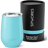 Sipworks Wine Tumbler with Lid - 12 oz Stainless Steel Insulated Wine Tumbler – Portable Spill Resistant Stemless Travel Wine Glass & Cocktail Cup - Aquamarine