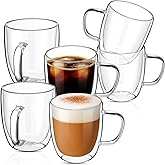 Patelai 6 Pcs 16oz Glass Coffee Mugs Double Walled Coffee Cups Glasses Insulated Mugs with Handle Espresso Clear Cups for Cappuccino Latte Tea, Heat Resistant Borosilicate Clear Glasses for Home Bar