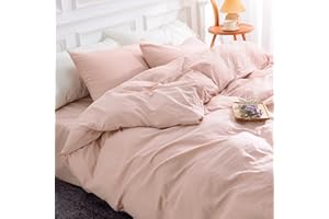 NEXHOME PRO Duvet Cover Set Queen Size Linen Feel Textured Organic Natural 100% Washed Cotton Duvet Cover 3 Pieces Bedding Set with Zipper Closure, Breathable, Soft, Pink (No Comforter)