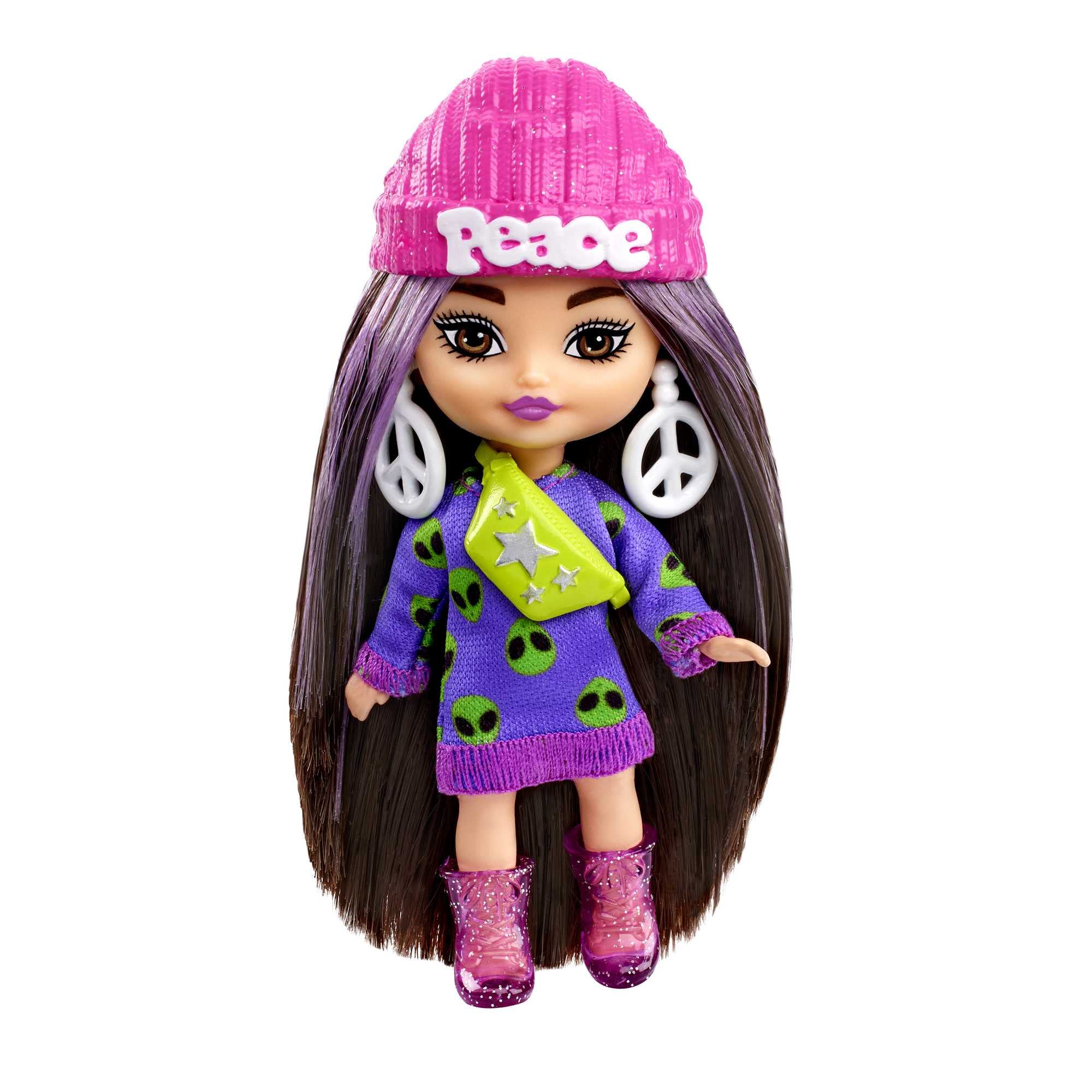Barbie Doll, Barbie Extra Mini Brunette Doll with Alien Sweater Dress, Peace Sign-Themed Clothes and Accessories​, HLN46