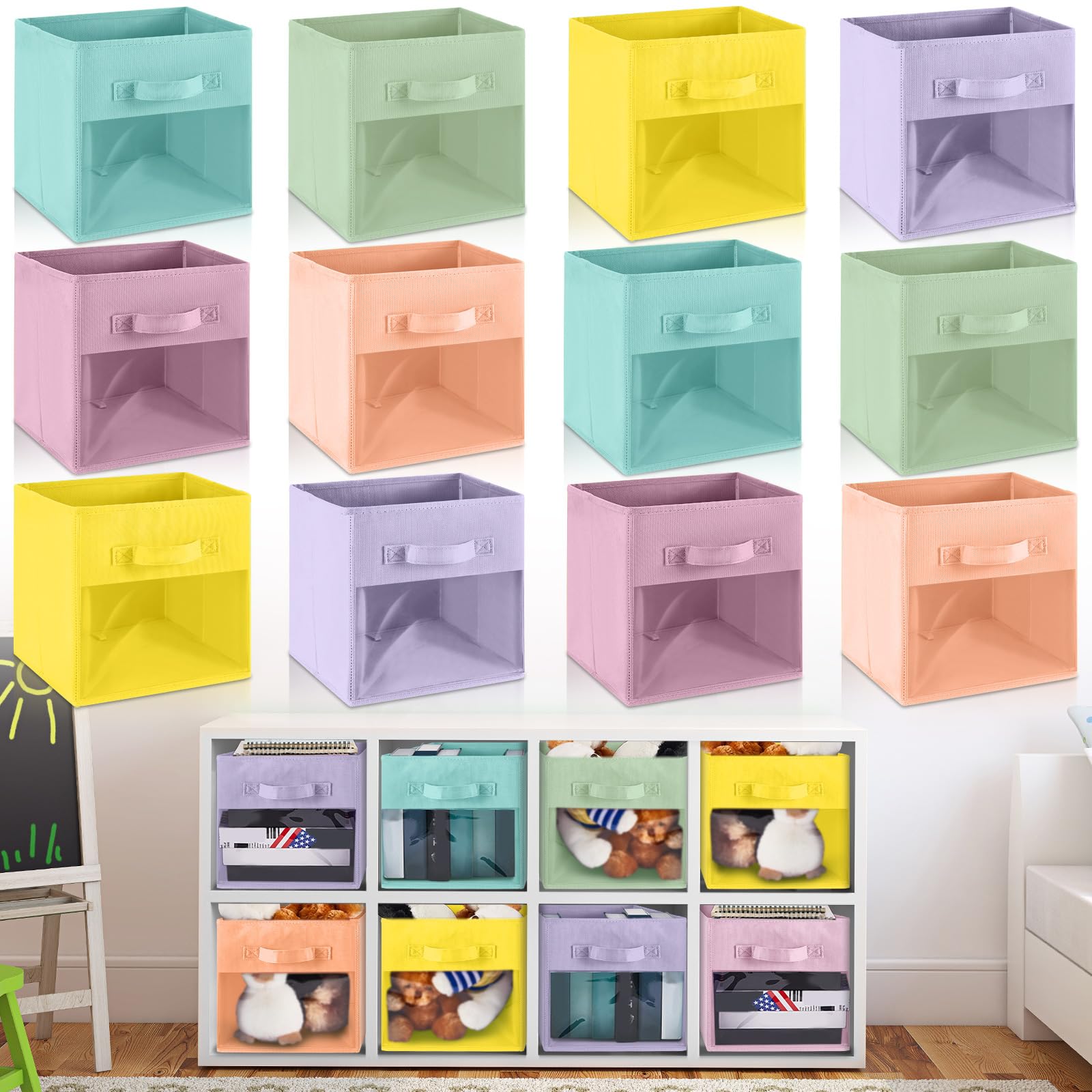 Photo 1 of Marsui 12 Pcs Clear Storage Bins Collapsible Cube Fabric Classroom Storage Organizer Bin with Window for Kid Room Daycare Nursery Playroom(Pastel)