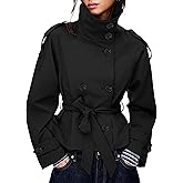 Maohao Women's Cropped Trench Coat Double Breasted Short Jacket High Collar Fall Winter Coats Trendy Outfit with Belt