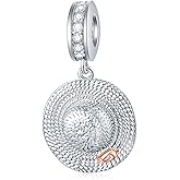 Hawaii Straw Hat with Rose Flower Pendant Charms, fits Pandora Women Travel Bracelet, 925 Sterling Silver CZ Summer Ladies Sun Cap Beads, Gifts for Holiday/Valentines