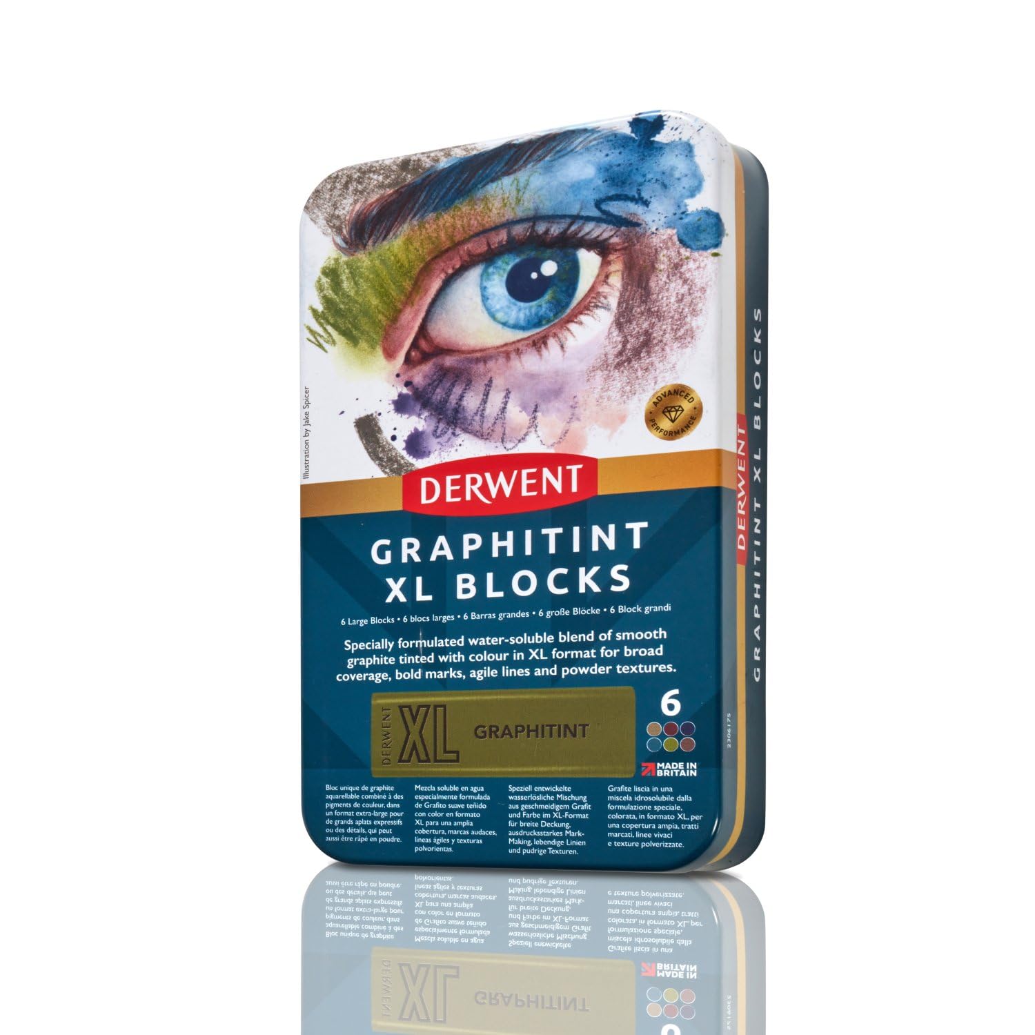 Derwent Graphitint XL Blocks 6 Tin, Set of 6, 60mm Extra-Large Block, Water-soluble, Ideal for Sketching, Drawing and Expressive Mark Making, Professional Quality, 2306175