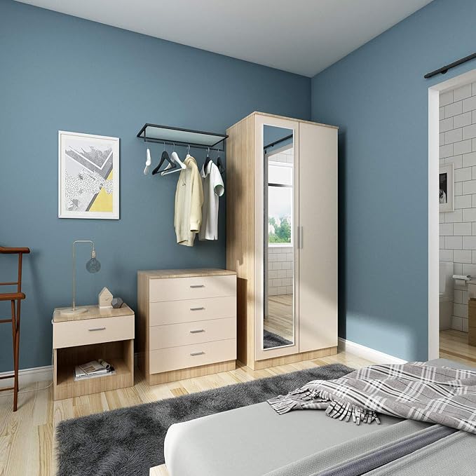 ELEGANT 3 Piece Bedroom Wardrobe with Mirror Furniture Sets, 2 Door
