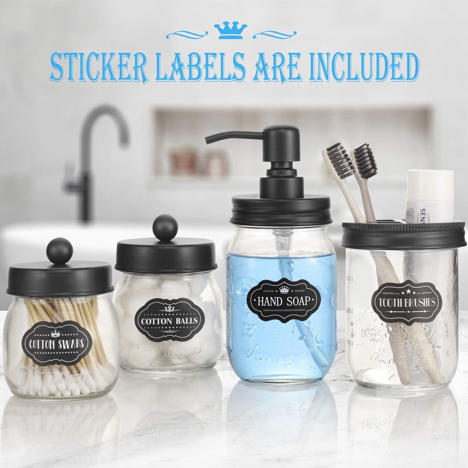 Mason Jar Bathroom Accessories Set 4 Pcs - Mason Jar Soap Dispenser & 2 Apothecary Jars & Toothbrush Holder - Rustic Farmhouse Decor, Bathroom Home Decor, Countertop Vanity Organize - Black: Home & Kitchen