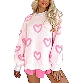 KMBANGI Women Heart Print Sweater Romantic Oversized Knitted Shirt Valentine Love Cute Graphic Long Sleeve Pullover Top
