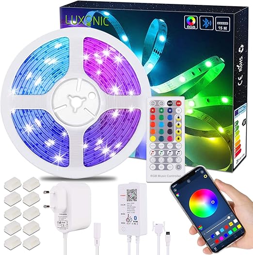 tira de luz led con control bluetooth de 15 5m 50 8pies tira de luz led rgb luxonic con control de aplicacion control remoto por infrarrojos de 40