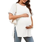 Tankaneo Womens Maternity T Shirts Summer Ribbed Short Sleeve Tunic Tops Textured Side Split Tee Pregnancy Clothes