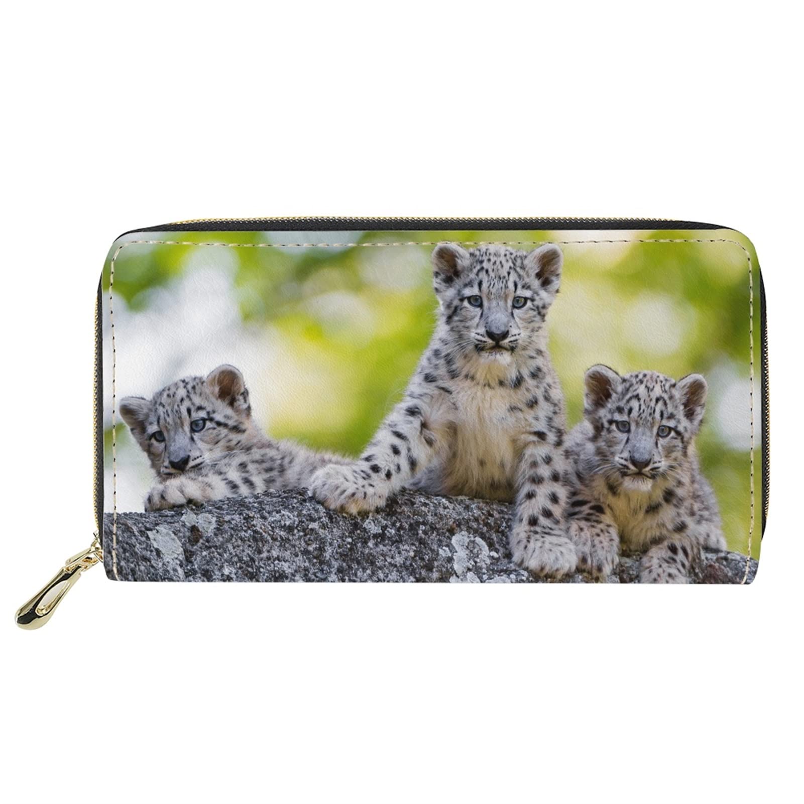 Dolyues White Cheetah Family Print Women Long Pu Leather Zipper Wallets with Credit Card Holder Coin Pocket Cash Bag