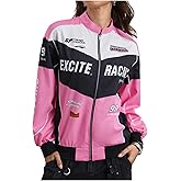 SOLY HUX Women's Racing Jacket Race Car Driver Bomber Jackets Color Block Y2k Outerwear Vintage Streetwear