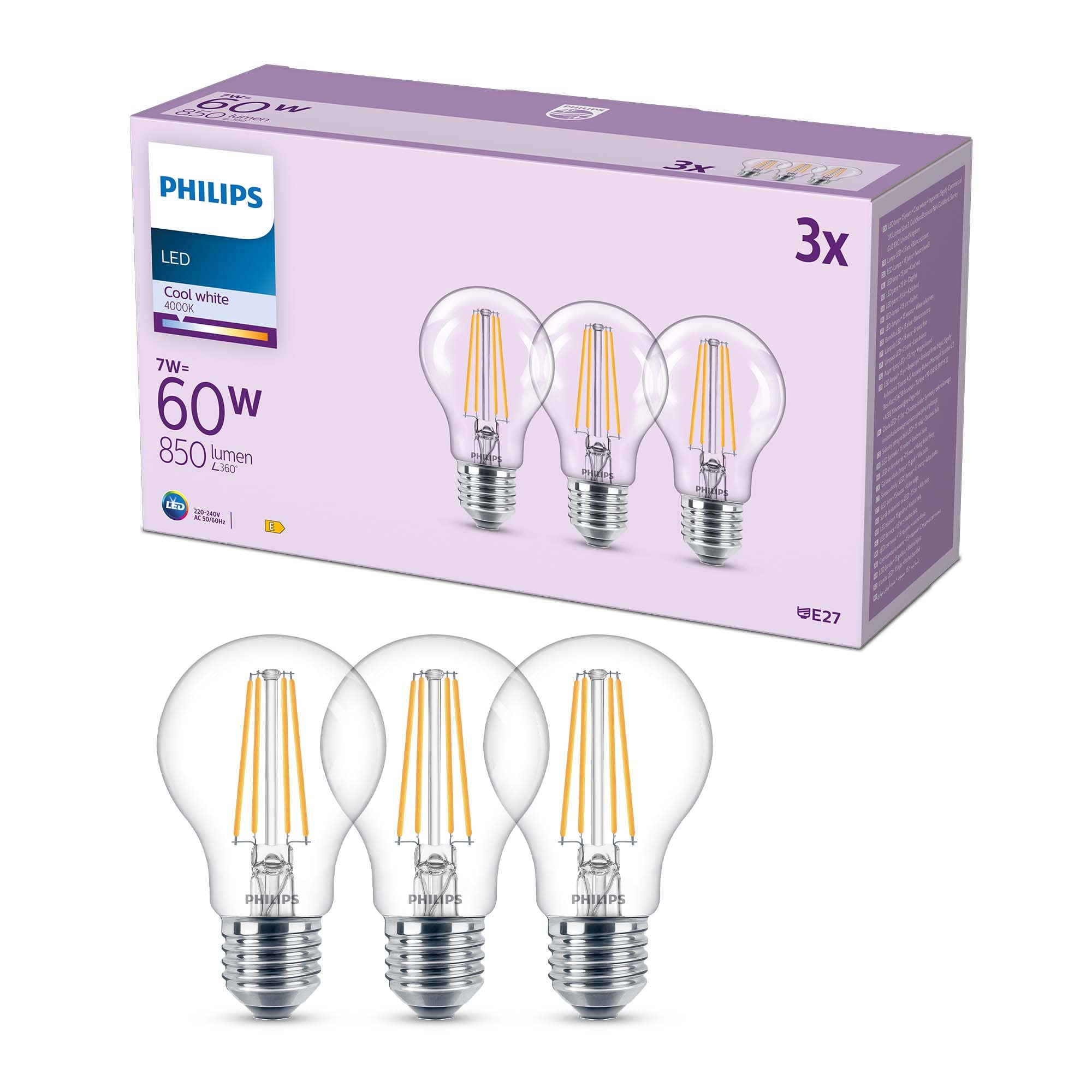Philips LED E27, confezione da 3 lampadine, equivalente a 60 W, lampadine LED filamento, Vetro, Luce Bianca Naturale 4000K, LED a risparmio energetico con lunga durata