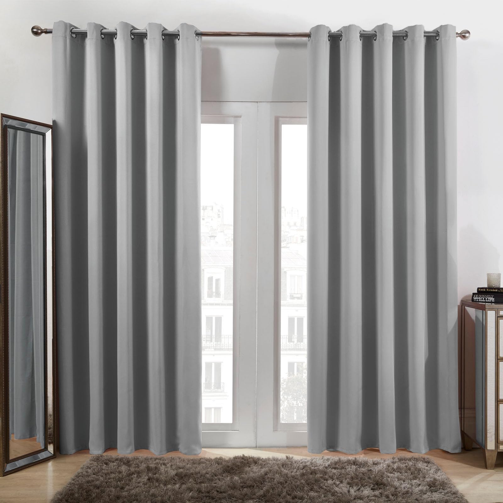 Dreamscene Eyelet Blackout Curtains Silver, Decorative Blackout Curtains for Bedroom Living Room Soft Modern Thermal Lined Black Out Curtain, 66x72”
