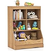 HONEY JOY Kids Toy Storage Organizer with Bookcase, 4-Cubby Organization Storage Cabinet w/Display Shelf, Wooden Toy Storage Unit for Playroom, Nursery Daycare (Natural)
