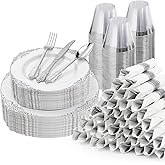 Bestluck 350PCS Silver Plastic Plates for 50 Guests, Disposable Dinnerware Sets Include 100 Silver Rim Plastic Plates, 50 Silverware, 50 Pre Rolled Napkins for Party, Wedding & Decor
