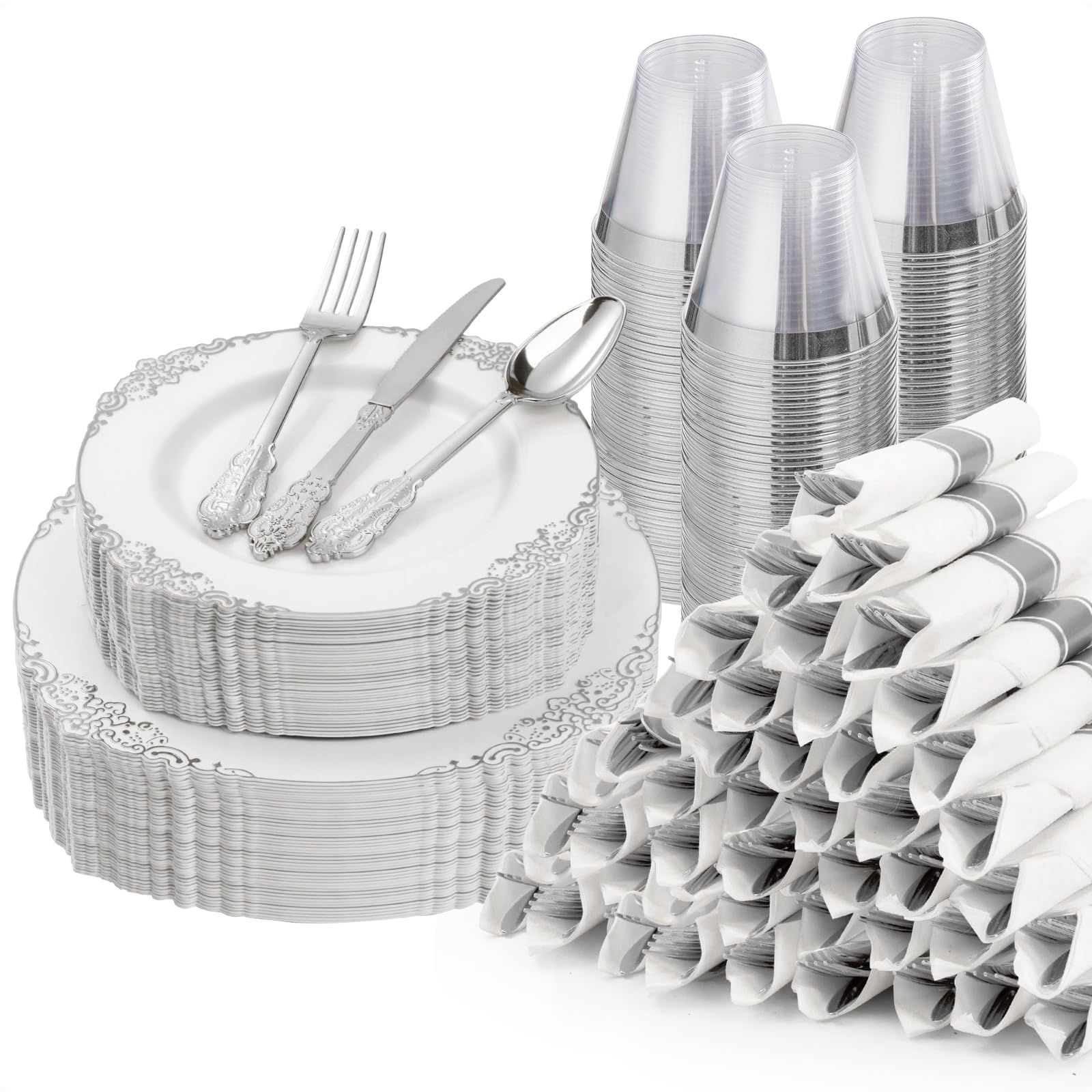 Photo 1 of *PARTIAL SET - See Clerk Notes*
Bestluck 350PCS Silver Plastic Plates for 50 Guests, Disposable Dinnerware Sets Include 100 Silver Rim Plastic Plates, 50 Silverware, 50 Pre Rolled Napkins for Party, Wedding & Decor