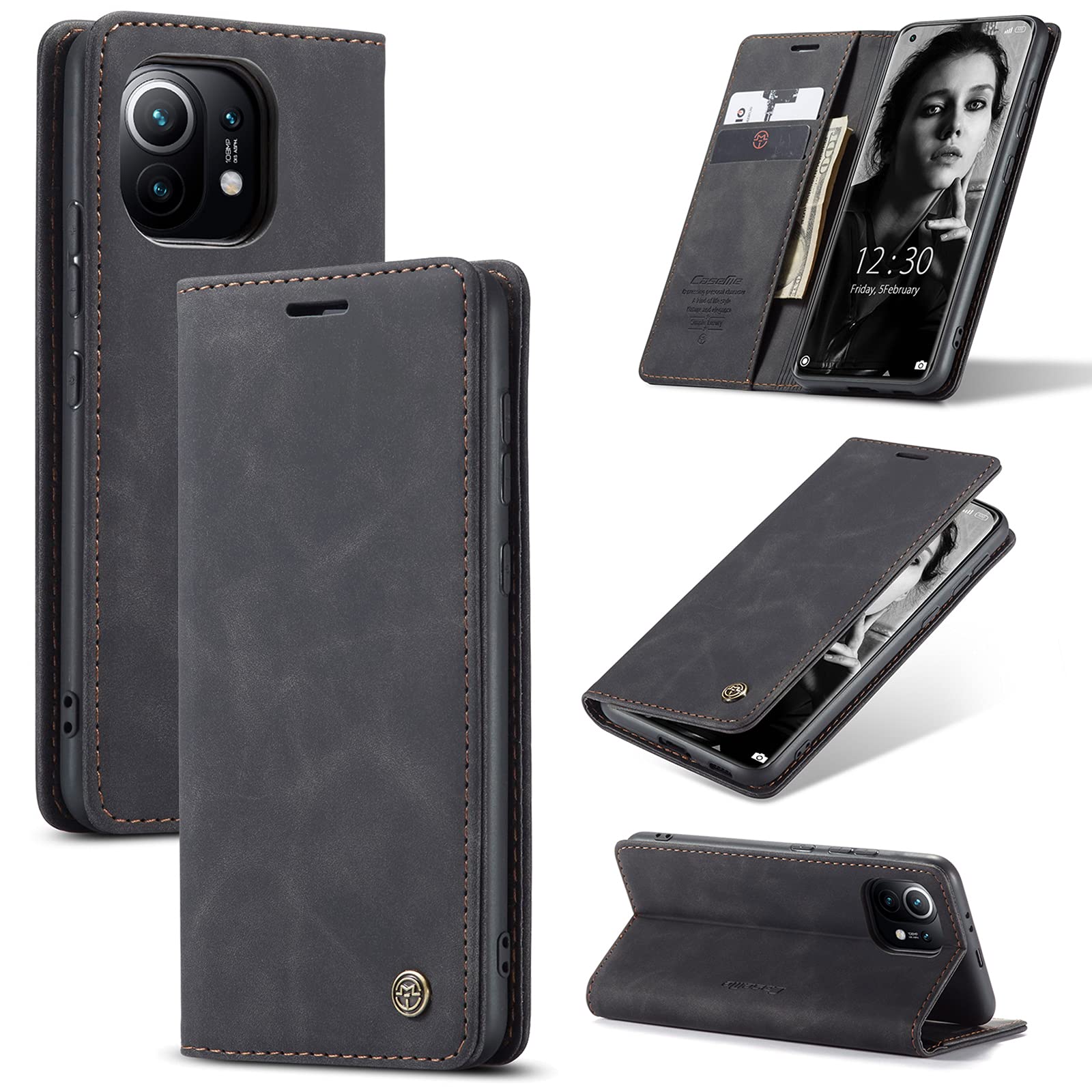 UFinetech Case for Xiaomi Mi 11, Leather TPU Cover Shell for Xiaomi Mi 11 5G, Slim Soft Flip Folio Magnetic Closure Kickstand Card Holder Wallet 2-in-1 Shockproof Anti-scratch Camera Protector, Black โ image 1