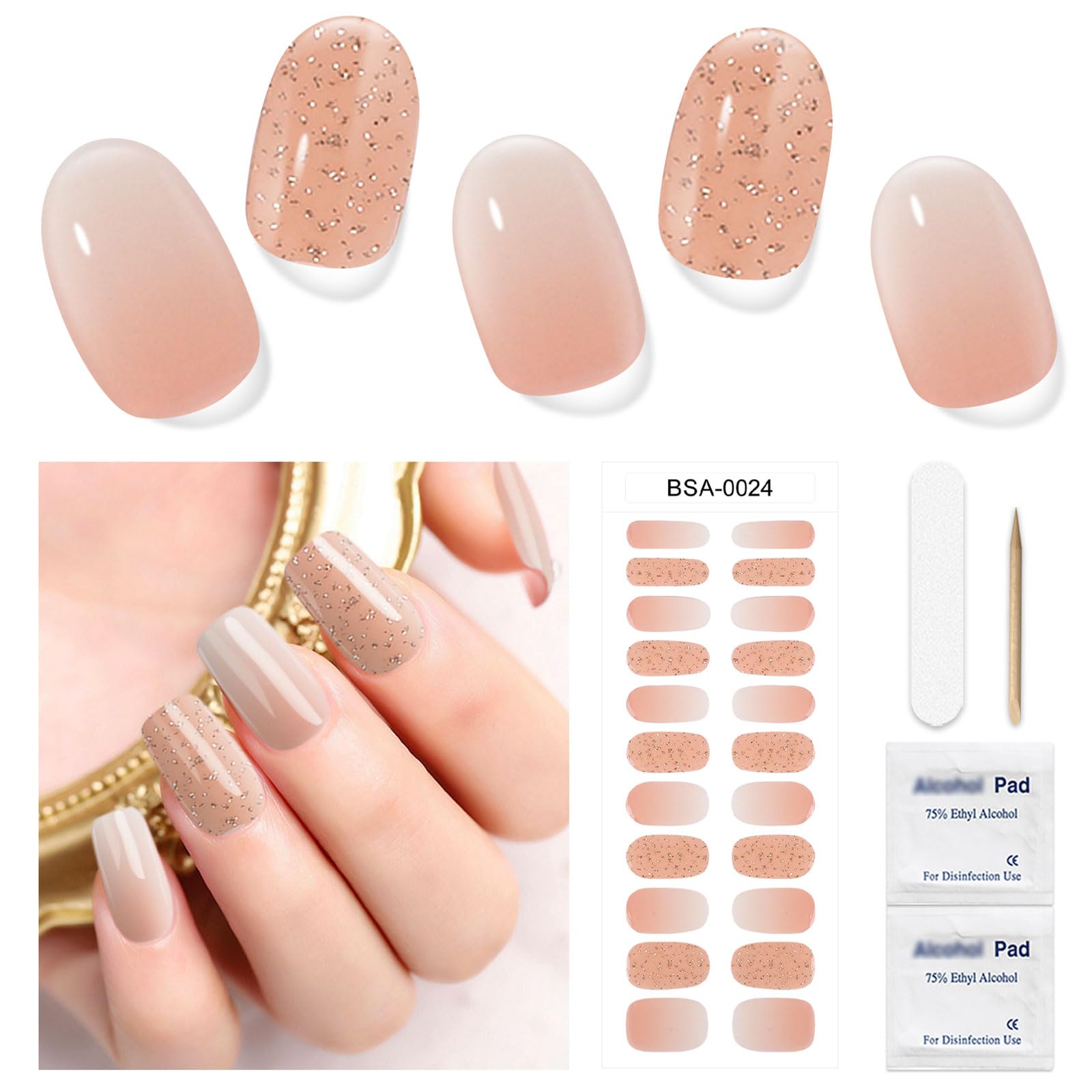 DUKASOU Semi Cured 22 PCS Gel Nail Strips No UV Light Needed, Gel Nail Strips Set, Salon Quality Nails Polish Strips(Slightly pink)