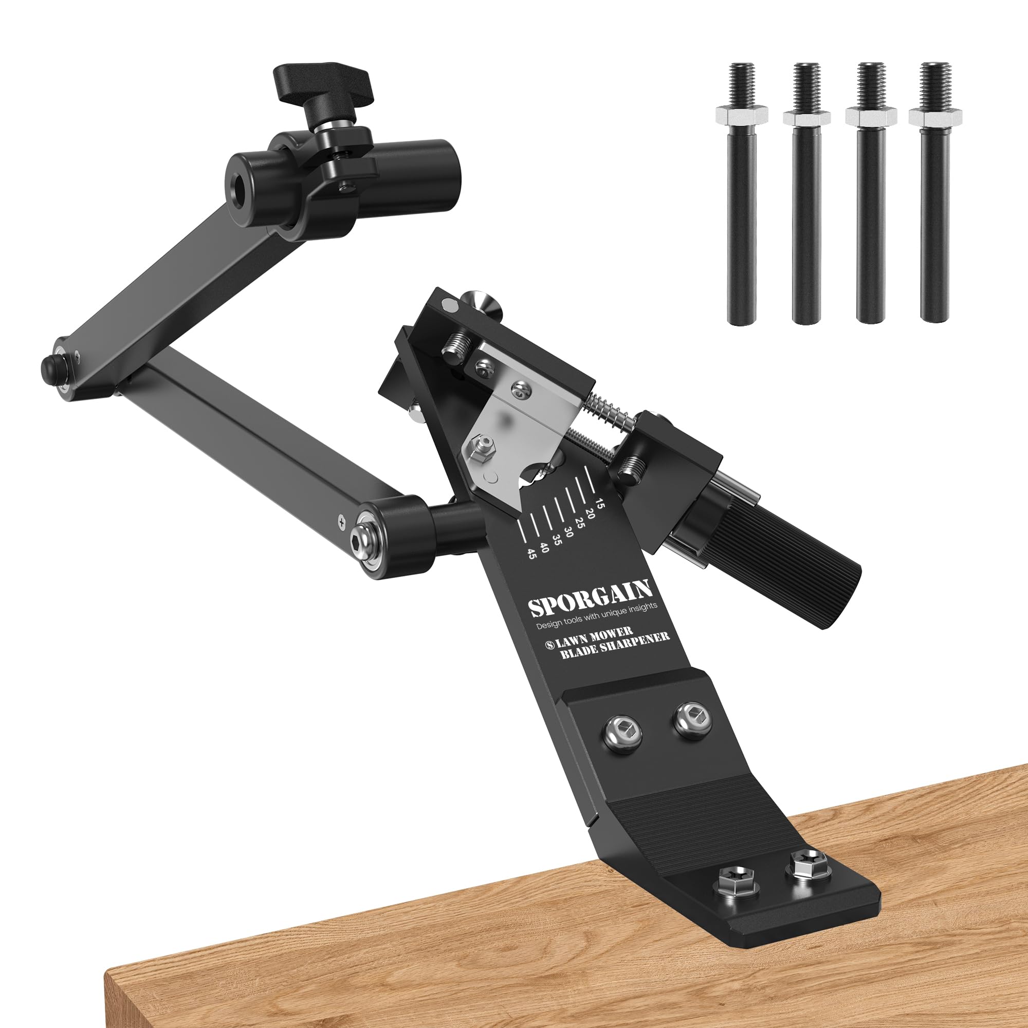 Photo 1 of [Updated] Lawn Mower Blade Sharpener 15°-45° Adjustable Frame with Ball Bearing Manufacture Handle for Right & Left Hand Blades, Use with Angle Grinder, Black