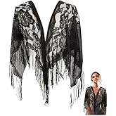 CABODYALS Black Floral Lace Shawl Wrap Triangle Lace Shawls and Wraps with Tassel Fringe Flower Pattern Hollow Breathable Solid Mesh Soft Summer Scarf for Women Formal Wedding Party Dress Accessories