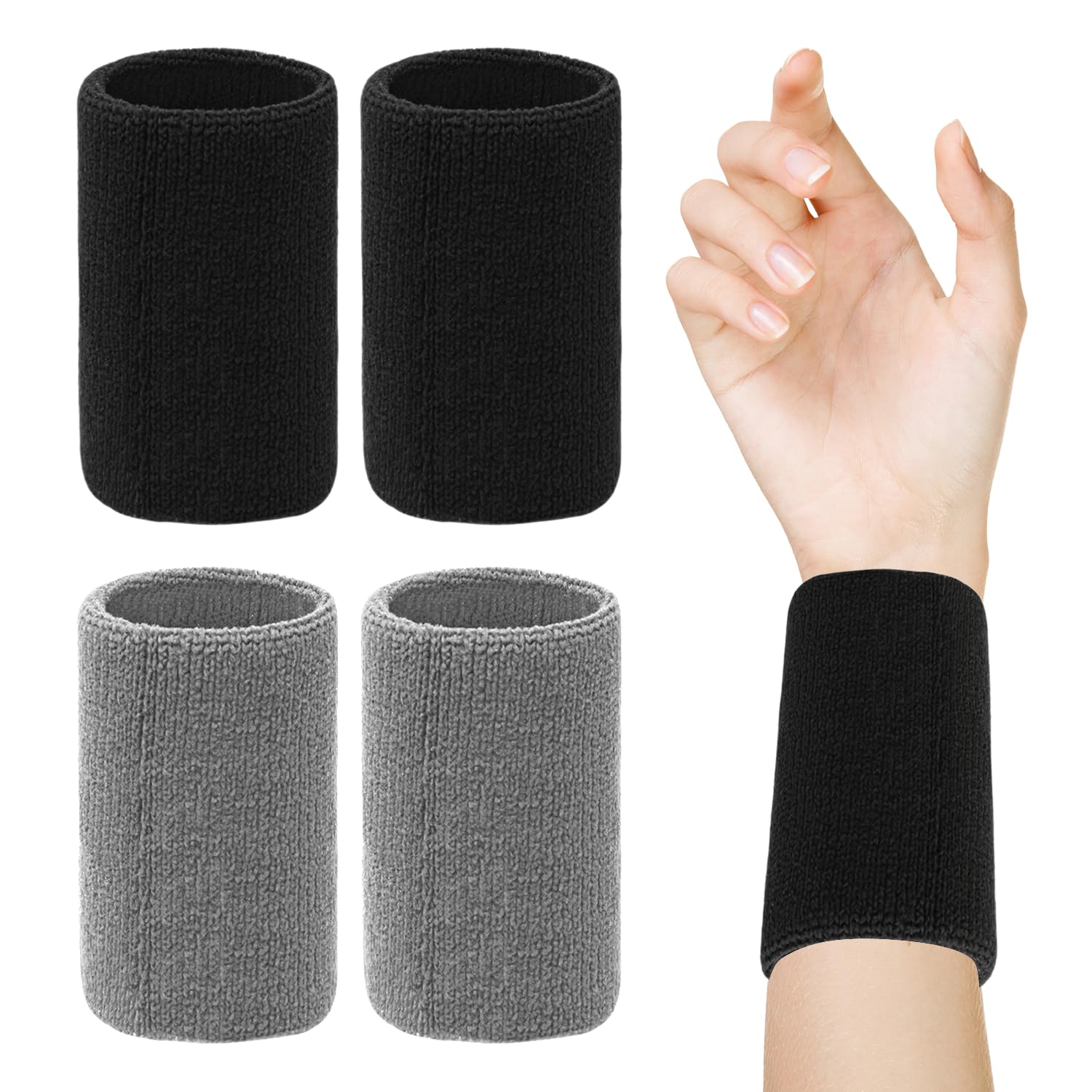 2 Pairs Sports Wristbands Wrist Sweatbands Arm Sweatbands Wrist Guards Wrist Sweatbands Wrist Bands Cotton Wristbands Unisex Wristbands (Black, Cool Gray)