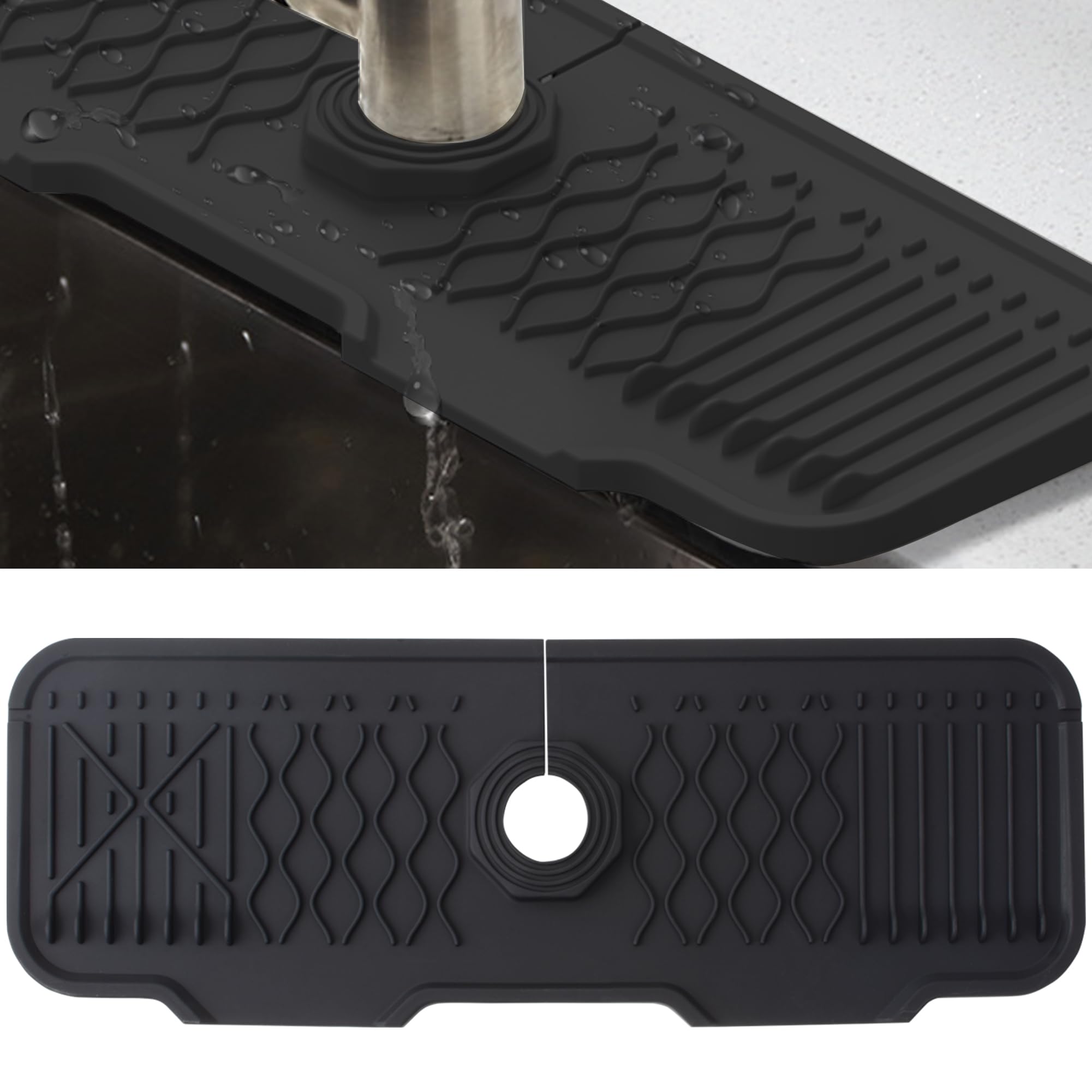 Veki Silicone Faucet Mat for Draining, Kitchen Tap Sink Splash Guard, Foldable Tap Drip Draining Holder, Faucet Handle Drip Catcher Tray for Kitchen and Bathroom Countertop Protect (43 cm, Black)