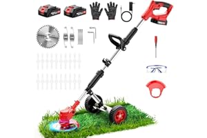 REFFMOV Electric Weed Wacker Cordless with Wheels,21V 2×2000mAh Weed Eater Battery Powered, 6-inch Cordless String Trimmer with 3 Types of Blades, Electric Grass Trimmer,Lawn Edger, Mower for Yard,Garden