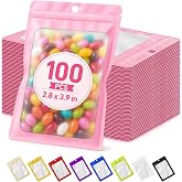 Crweety 100Pcs Mylar Bags Resealable, Small Pink Smell Proof Bag 2.75x3.93" | Sealable Candy Bags for Small Business, with Frosted Clear Window, Foil Zipper Pouch for Treat Snack Food Jewelry Packaging