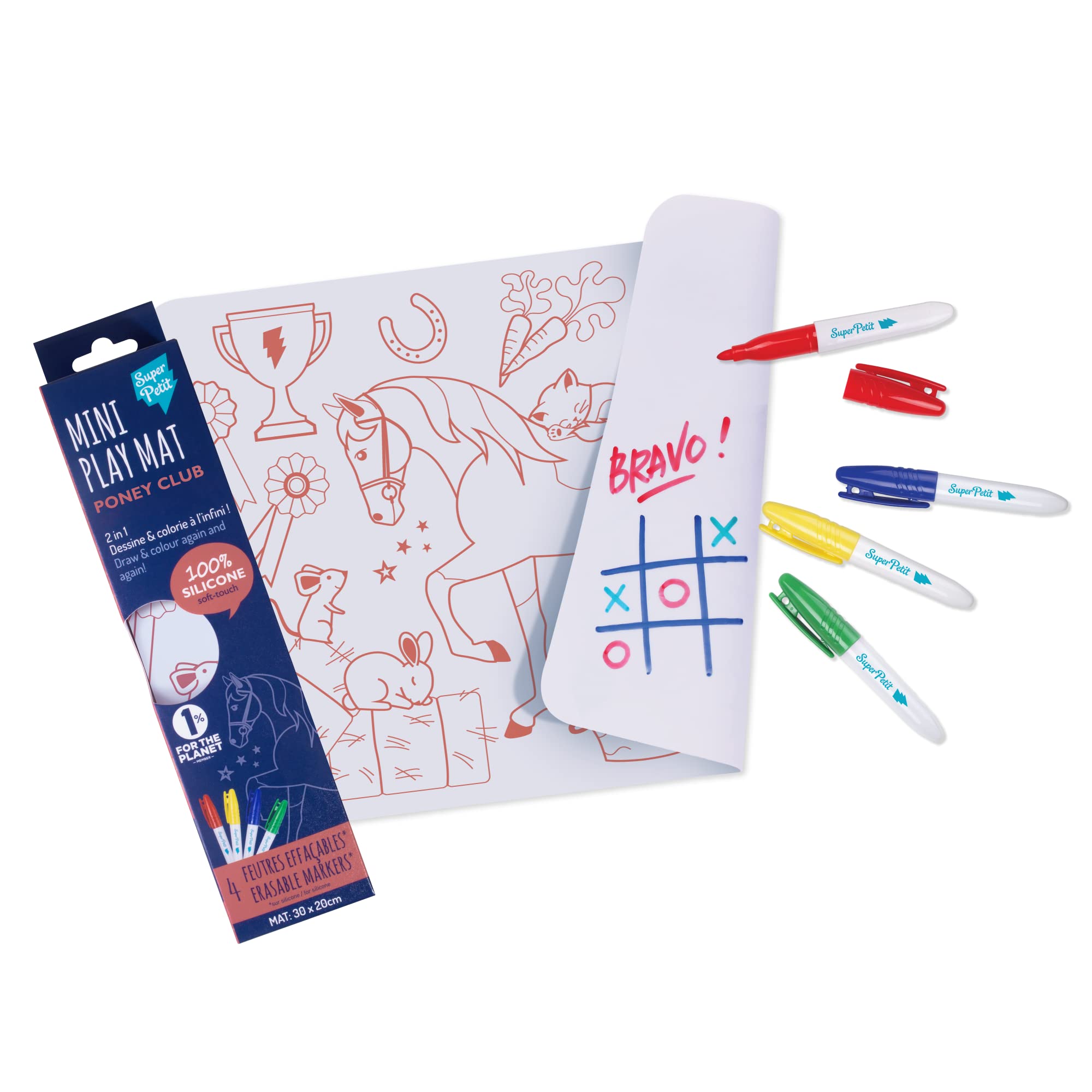 SUPER PETIT - Educational Game - Pony Coloring - Reversible - Comes with 4 erasable Felt tip pens - Easy to Clean - Reusable - Anti-Bacterial - from 3 Years - 30 x 20 cm