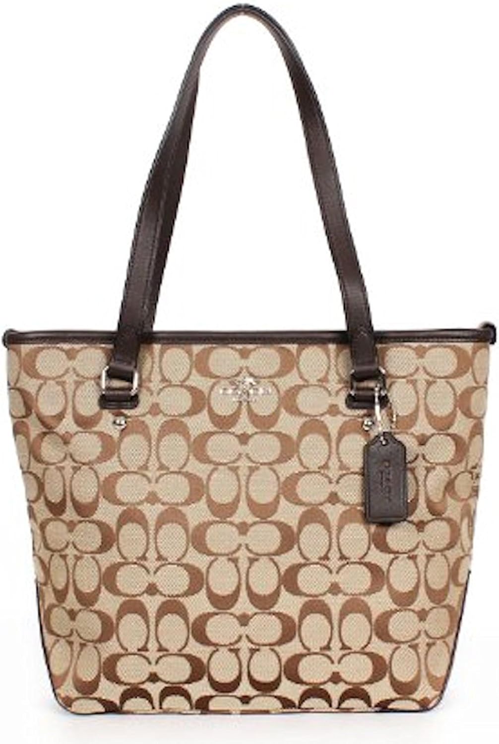 COACH SIGNATURE ZIP TOP TOTE HANDBAG Khaki/Mahogany F36375 Handbags
