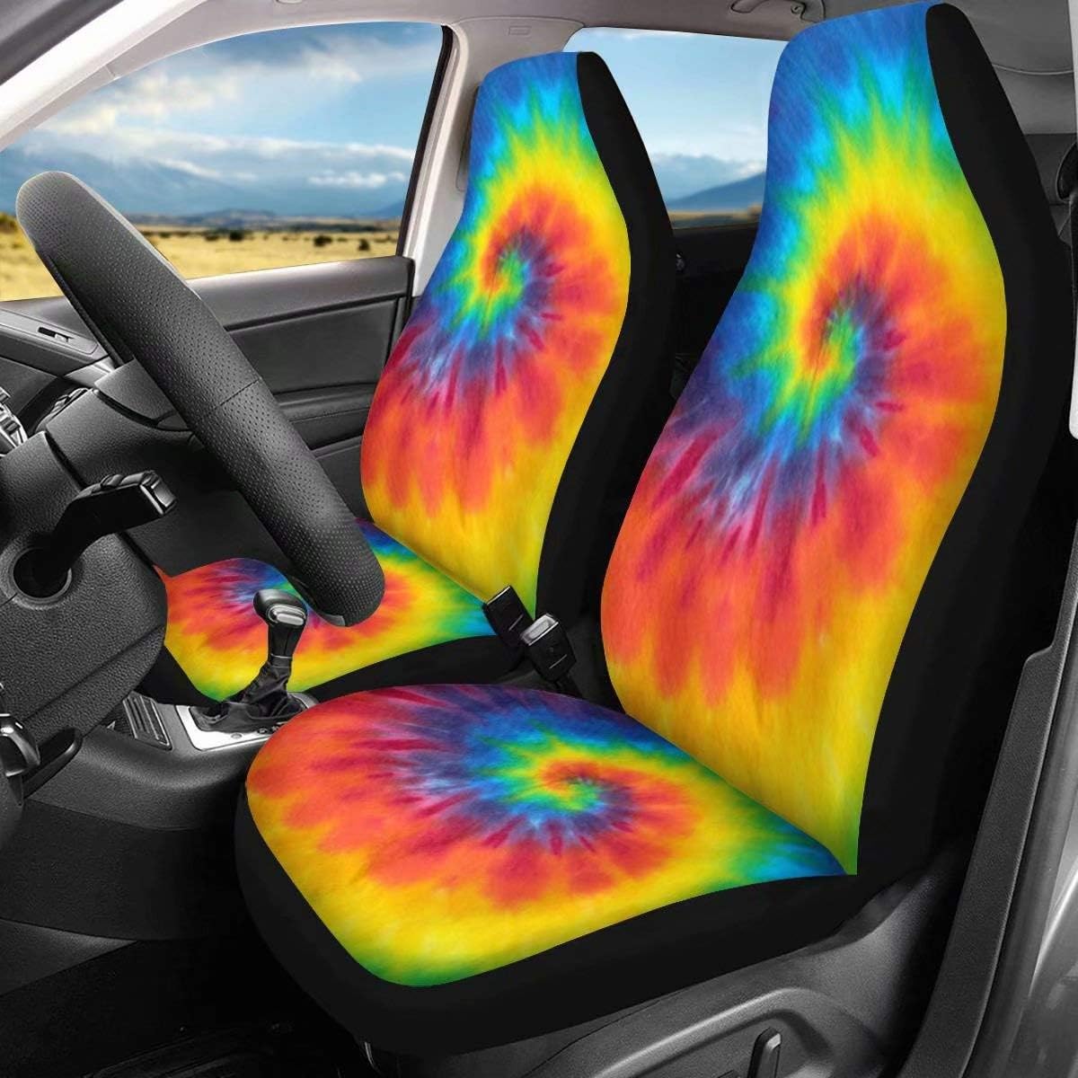 chaqlin 3D Rainbow Tie Dye Pattern Car Seat Covers Full Set of 2 Pieces
