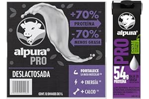 Alpura Pro con extra proteína Deslactosada Ultrapasteurizada en Paquete de 12 piezas de 1 Litro cada una, Fuente de proteína y Calcio, baja en grasa, adicionada con Vitaminas A y D