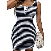 WDIRARA Women's Striped Bodycon Mini Dress Button Scoop Neck Sleeveless Knit Tank Dress with Pocket
