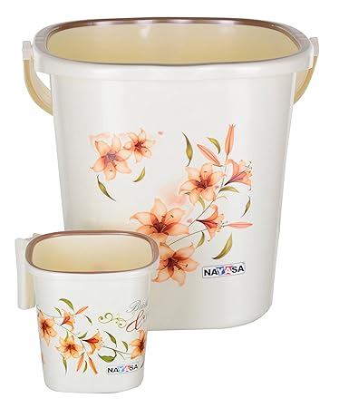 Nayasa Classical Strong Plastic Bathroom Bucket with Mug (25 L, Off-White, 2-Pieces)