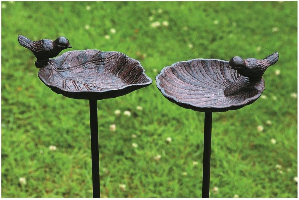 Bird Bath on Stake for the Garden made of Cast Iron - 2 Different Designs, 1 Piece, 20 x 14 cm x 98 cm, Bronze - Image 3